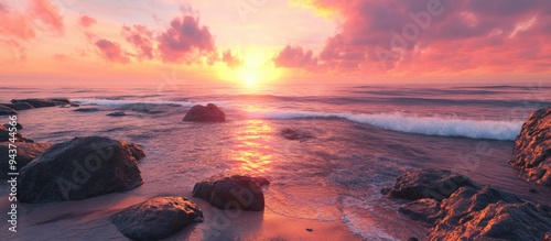 sunset on rocks by the ocea...