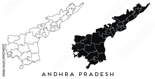 Andhra Pradesh map of regions districts vector black on white and outline
