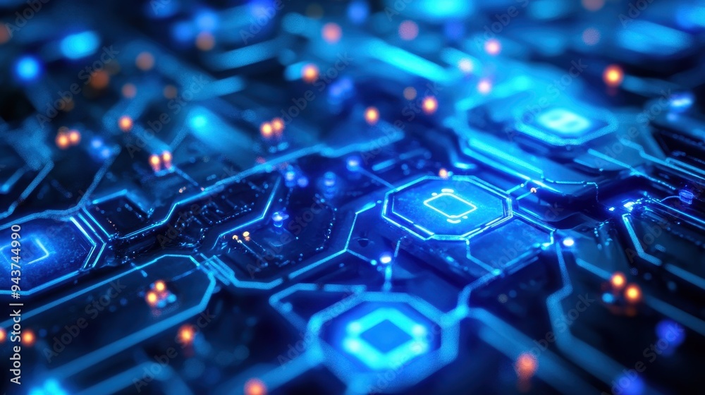 Abstract Futuristic Circuit Board with Glowing Blue Lines and Orange Lights - Technology Background. Abstract Futuristic Circuit Board with Glowing Blue Lines and Orange Lights - Technology Background.