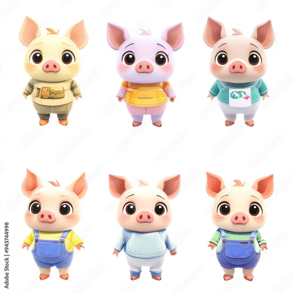 Fototapeta premium A collection of cute cartoon pig characters in various outfits and colors.