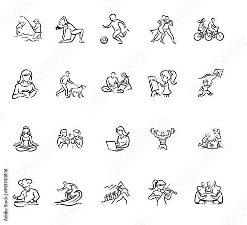 Icons, linear minimalist art icons depicting everyday activities in black and white, for lifestyle and web design
