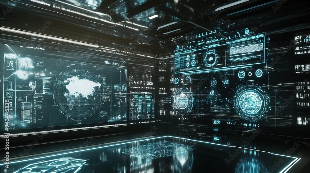 Futuristic control room with holographic displays and global mapping in a high-tech environment Futuristic control room with holographic displays and global mapping in a high-tech environment