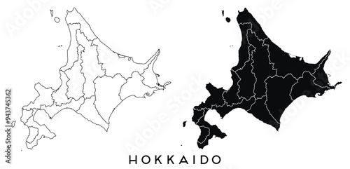 Hokkaido map of regions districts vector black on white and outline
