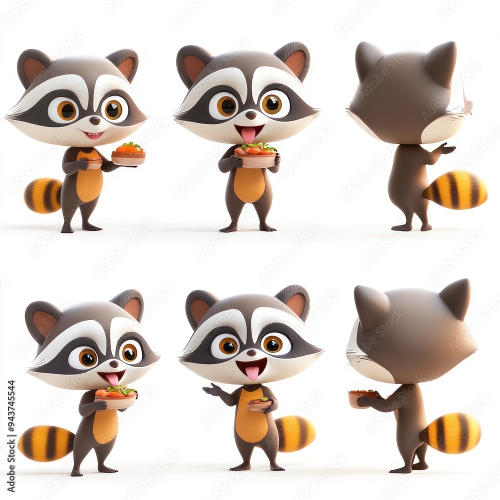 A cute cartoon raccoon character holding food in various poses. A cute cartoon raccoon character holding food in various poses.