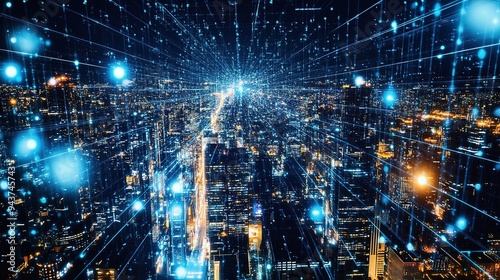 A panoramic view of a bustling city at night illuminated by bright lights and digital effects, showcasing urban life with a futuristic feel