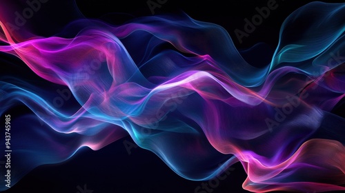 Abstract Wavy Lines with Neon Blue and Pink Glow on Black Background.