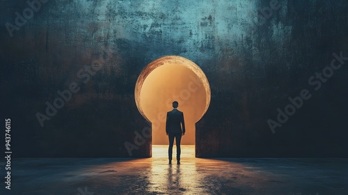 Person standing in front of a giant keyhole symbolizing the key to success growth and unlocking new opportunities  The image represents the concept of achieving goals overcoming challenges