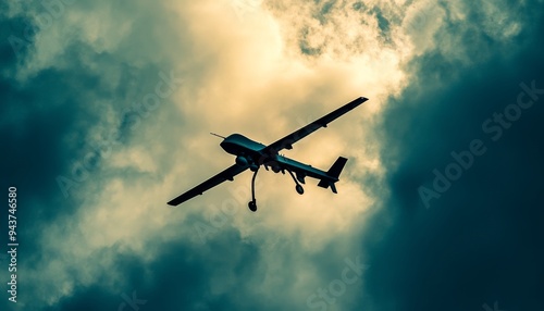 Aerial photography of unmanned combat drone soaring through the sky during daylight