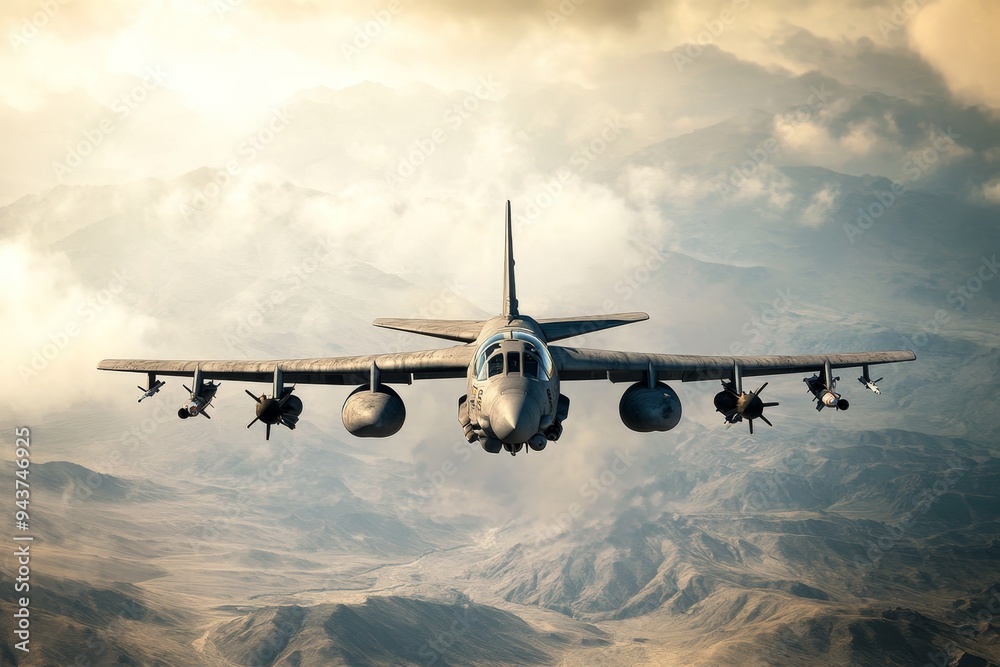 Illustration of a fully armed military aircraft in action captured in stunning photography Illustration of a fully armed military aircraft in action captured in stunning photography