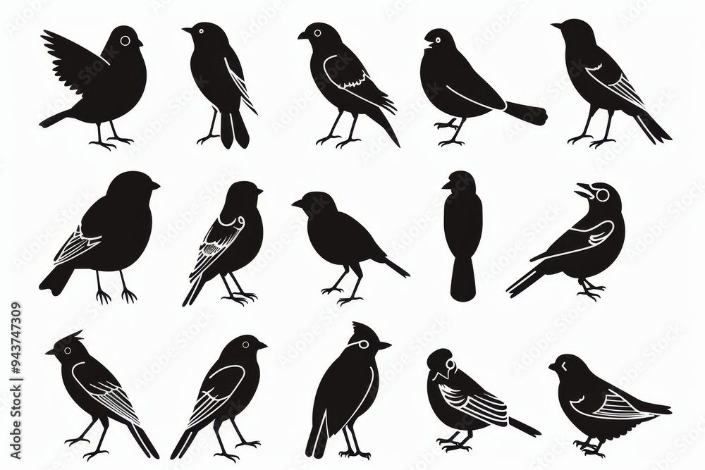 Obraz premium Bird icon set, black and white sparrow symbols, bird sign collection, wild animal pictograms on white