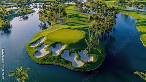 Aerial view of a picturesque golf course surrounded by water, featuring green fairways and sandy bunkers, perfect for leisure.