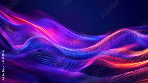 Abstract Neon Wave Background with Glowing Lines and Dots.