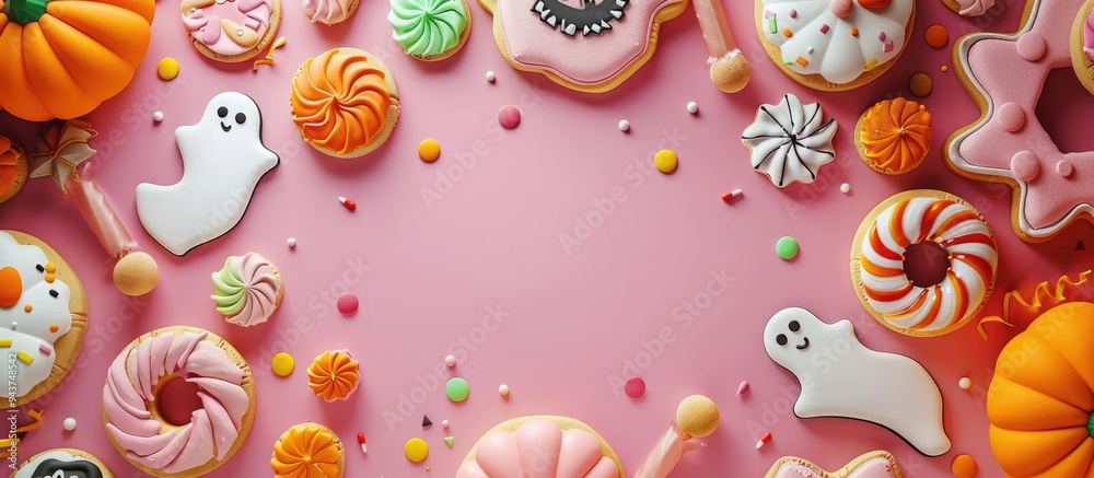 Halloween themed sweet background frame featuring spooky pumpkin cookies candy and Halloween decorations on a pink table. with copy space image. Place for adding text or design Halloween themed sweet background frame featuring spooky pumpkin cookies candy and Halloween decorations on a pink table. with copy space image. Place for adding text or design