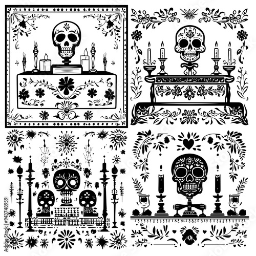 black and white icon illustration of day of the dead, about day of the dead