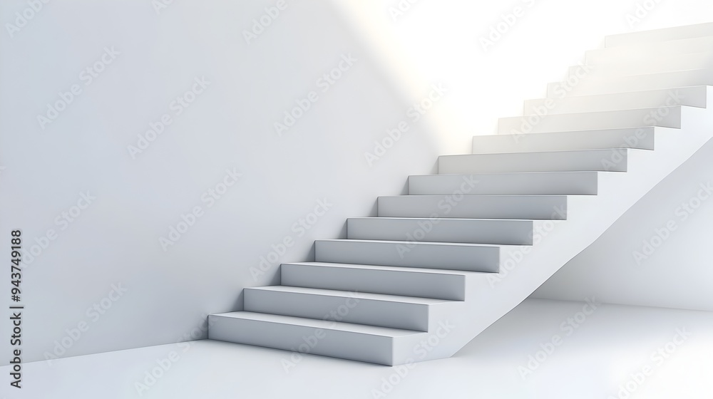 Elegant and Minimal White Staircase Design with a Single Highlighted Step and Ample Copy Space for Graphic Elements or Text Overlay Elegant and Minimal White Staircase Design with a Single Highlighted Step and Ample Copy Space for Graphic Elements or Text Overlay