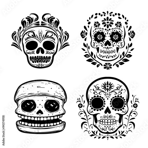 black and white icon illustration of day of the dead, about day of the dead