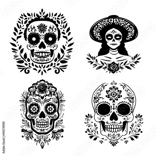 black and white icon illustration of day of the dead, about day of the dead