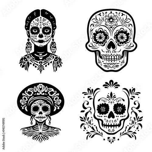 black and white icon illustration of day of the dead, about day of the dead