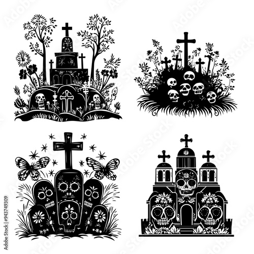 black and white icon illustration of day of the dead, about day of the dead