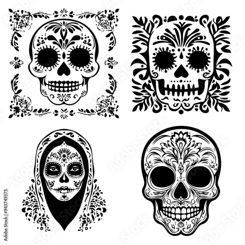 black and white icon illustration of day of the dead, about day of the dead