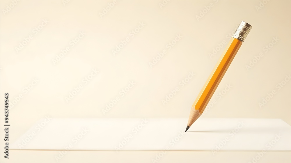 A single pencil standing upright on a blank sheet of white paper providing ample copy space around the minimal and simple object for text or design overlay A single pencil standing upright on a blank sheet of white paper providing ample copy space around the minimal and simple object for text or design overlay