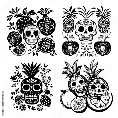 black and white icon illustration of day of the dead, about day of the dead