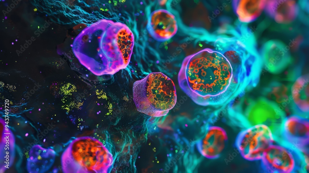 Multicolored stem cells under a microscope Multicolored stem cells under a microscope