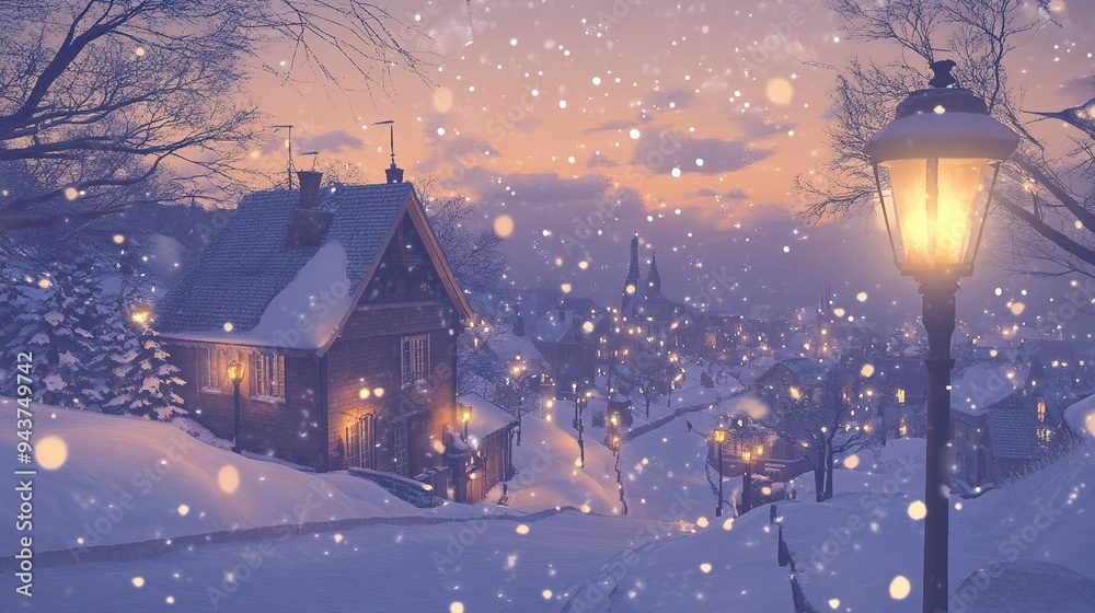 Fototapeta premium A serene winter evening in a snowy village with glowing street lamps and picturesque houses during twilight