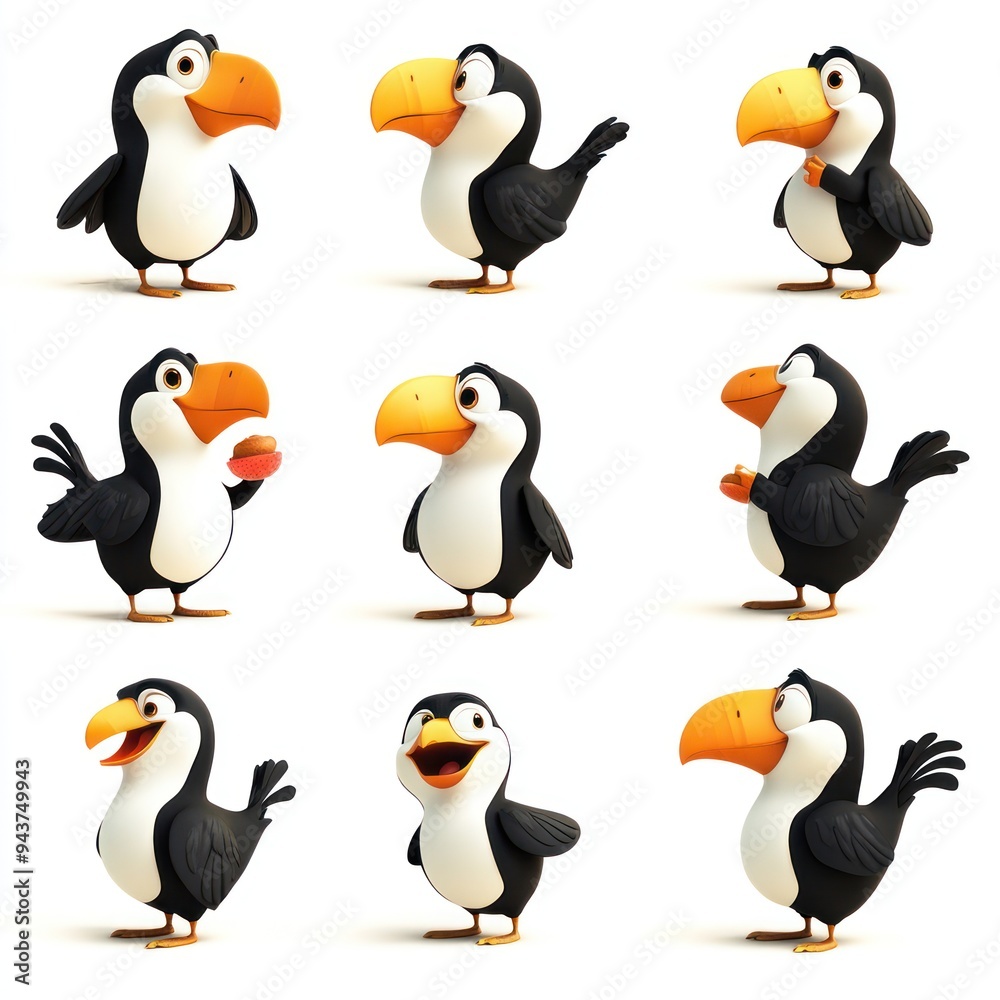 Fototapeta premium A collection of cartoon toucan characters in various poses and expressions.