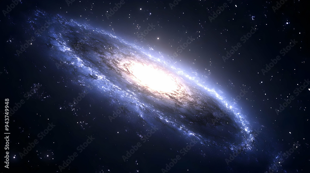 A stunning spiral galaxy with bright stars and a glowing core, against a dark blue space background.
