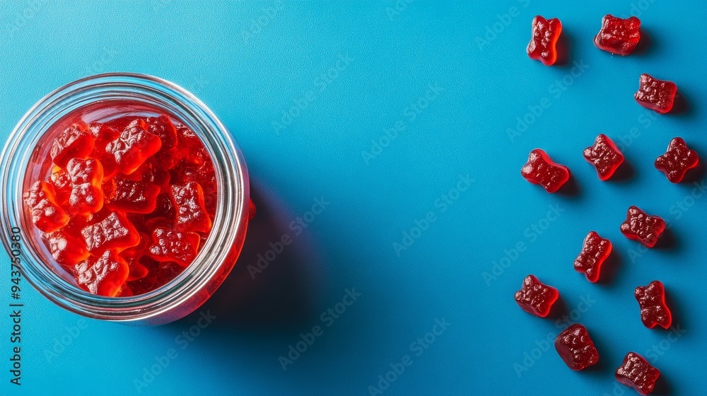 Fototapeta premium Throughout a blue pot are red gummy bears with blue gummies emerging from it