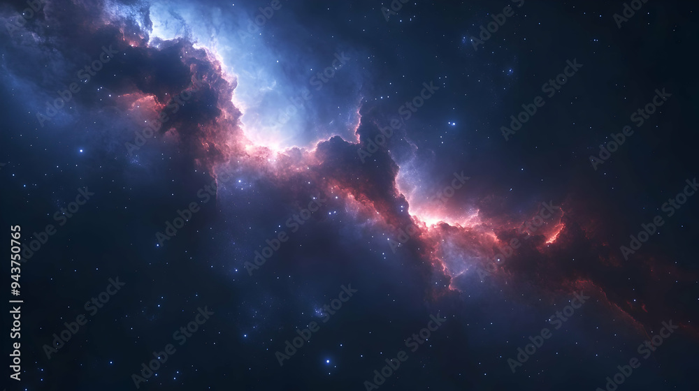 A stunning view of a cosmic nebula with glowing red and blue gas clouds against a background of twinkling stars. A stunning view of a cosmic nebula with glowing red and blue gas clouds against a background of twinkling stars.