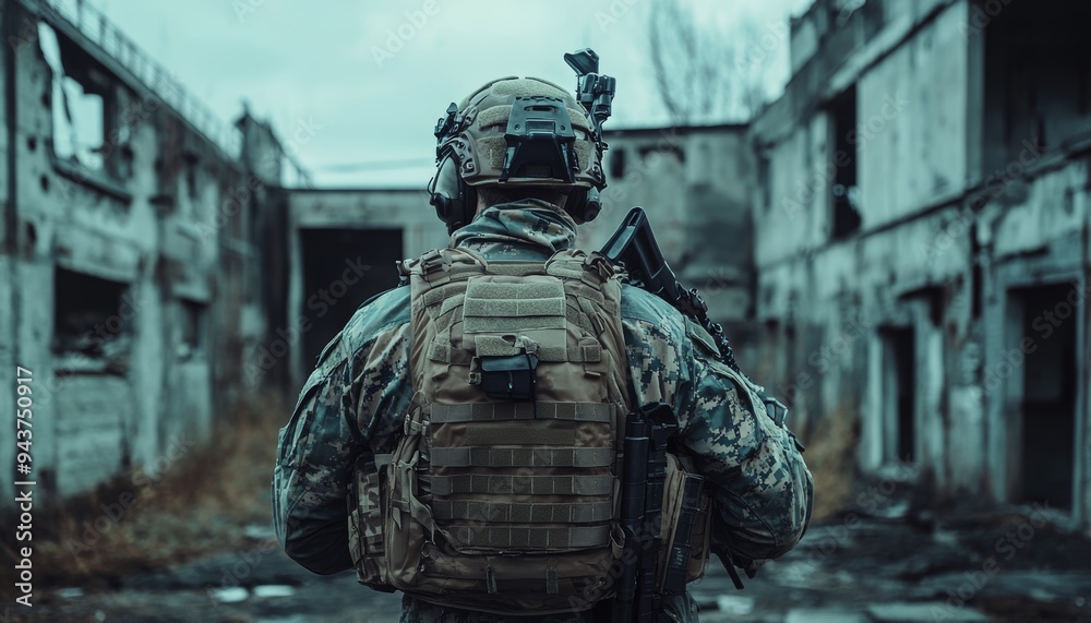 Special unit fighter stares threateningly at enemy in intense back view photography shot Special unit fighter stares threateningly at enemy in intense back view photography shot
