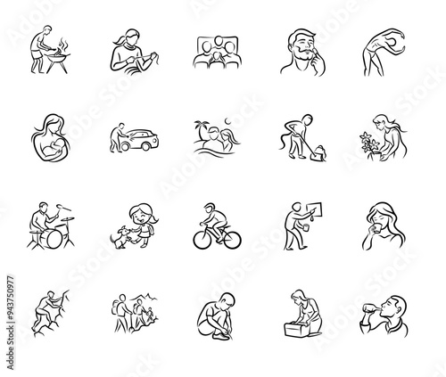 Linear minimalist art icons depicting everyday activities in black and white, for lifestyle and web design