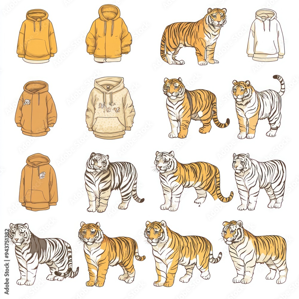 Gambar berbagai jenis harimau dan hoodie. Gambar berbagai jenis harimau dan hoodie.