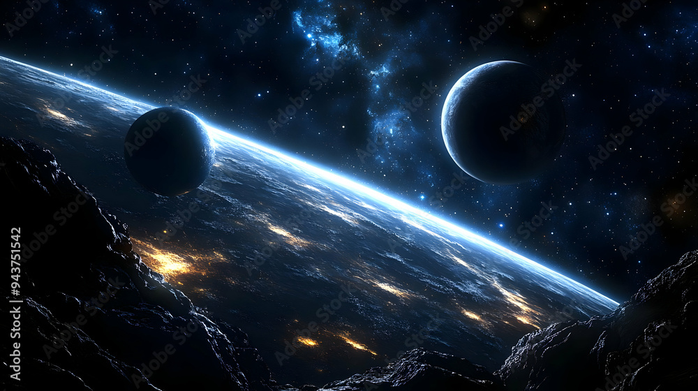 Obraz premium A stunning view of a distant planet with two moons and a starry sky.