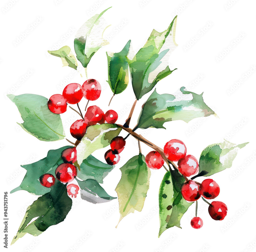 PNG Vibrant watercolor holly branch illustration PNG Vibrant watercolor holly branch illustration