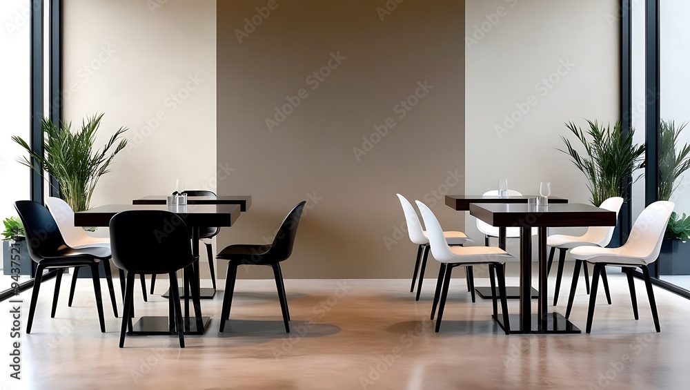 Modern Cafe restaurant interior with empty chair. Contemporary dining experience. Fashionable stylish interior of a summer outdoor cafe. Modern Cafe restaurant interior with empty chair. Contemporary dining experience. Fashionable stylish interior of a summer outdoor cafe.