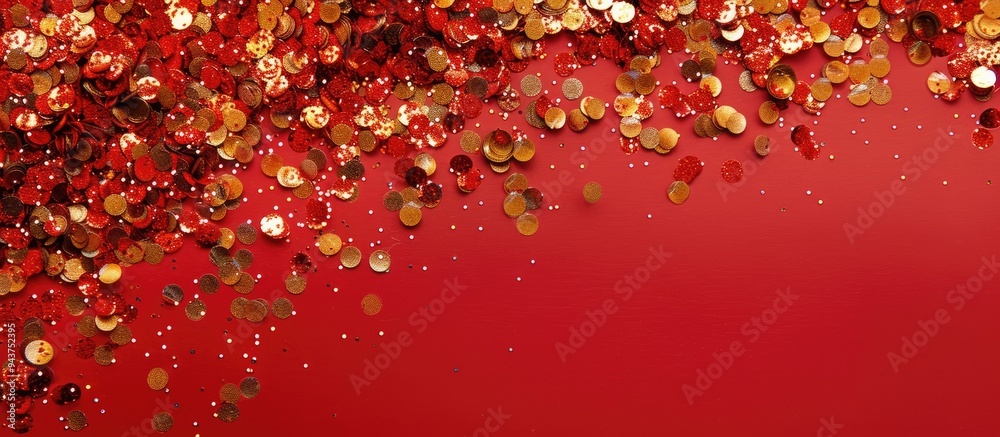 Border of shiny golden confetti on a red background viewed from above Room for text. with copy space image. Place for adding text or design Border of shiny golden confetti on a red background viewed from above Room for text. with copy space image. Place for adding text or design