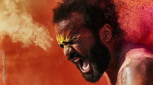 A black man shouts in fire and copy space