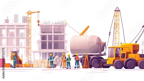 Vector illustration of a group of people working on a construction site, building a stairway and a modern yellow backhoe truck with a white background, in a flat design style with simple shapes