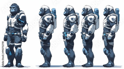 A character design of a gorilla in a futuristic suit with a backpack, shown from multiple angles. photo