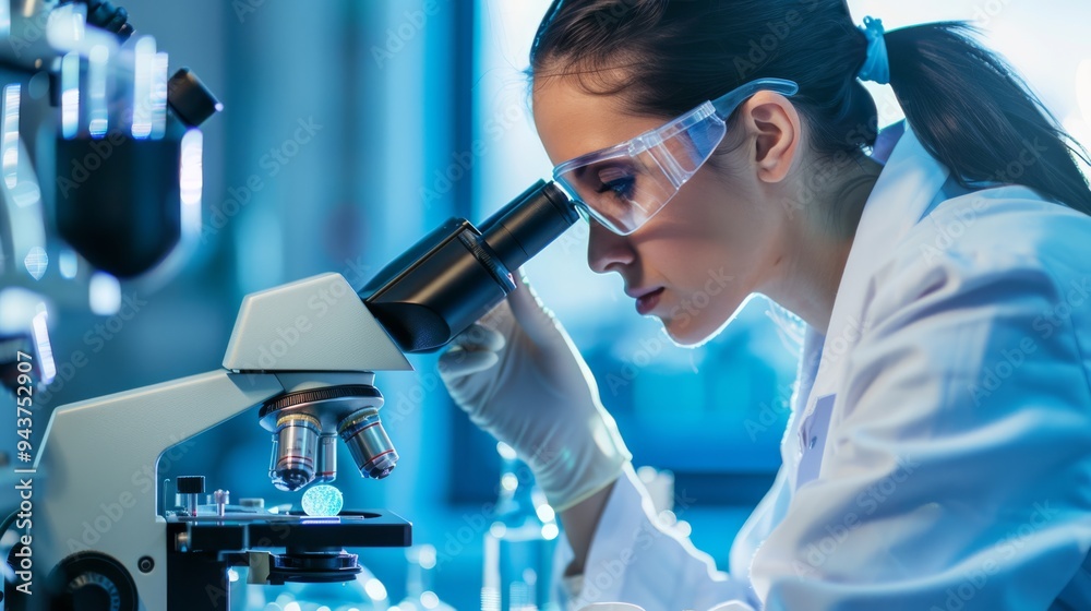 Scientist examining cells under microscope with blue laboratory lighting Scientist examining cells under microscope with blue laboratory lighting
