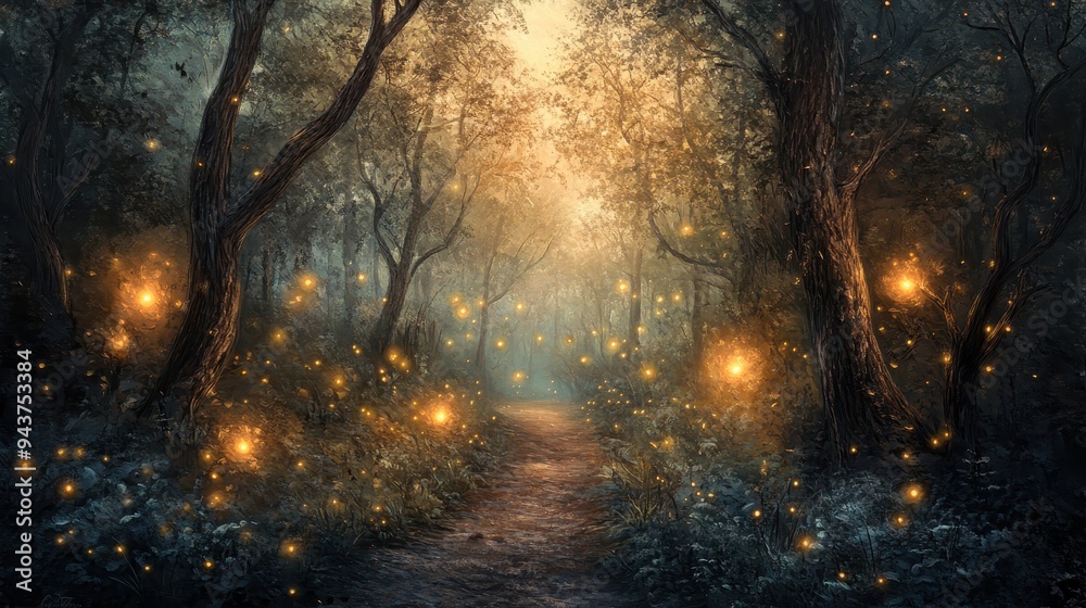 Enchanting Forest Path Illuminated by Firefly Lights. Enchanting Forest Path Illuminated by Firefly Lights.