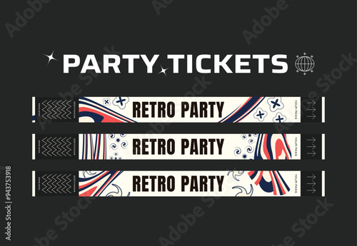 A vector set of control bracelets for a club, disco, concert, festival, event, pass to the fan zone, party in y2k style. Mockup of a bracelet in a futuristic style. Ticket for a festival