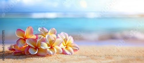 Multicolored plumeria on a sandy beach background. with copy space image. Place for adding text or design