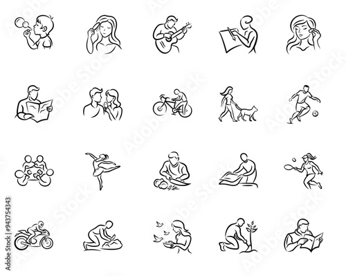 MinMinimalistic linear art icons depicting everyday activities in black and white, for lifestylimalistic linear art icons depicting everyday activities in black and white, for lifestyle and web design