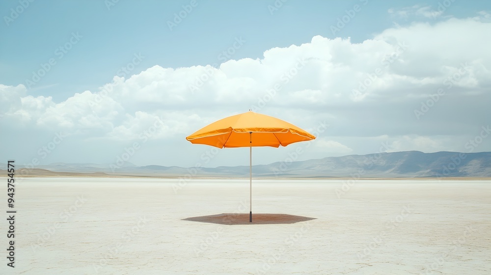 A lone solitary umbrella standing in the middle of a vast empty and minimalist landscape with ample copy space surrounding it The image evokes a sense of isolation A lone solitary umbrella standing in the middle of a vast empty and minimalist landscape with ample copy space surrounding it The image evokes a sense of isolation
