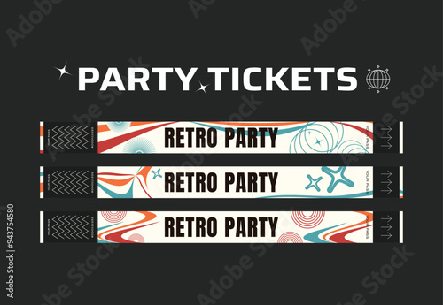 A vector set of control bracelets for a club, disco, concert, festival, event, pass to the fan zone, party in y2k style. Mockup of a bracelet in a futuristic style. Ticket for a festival