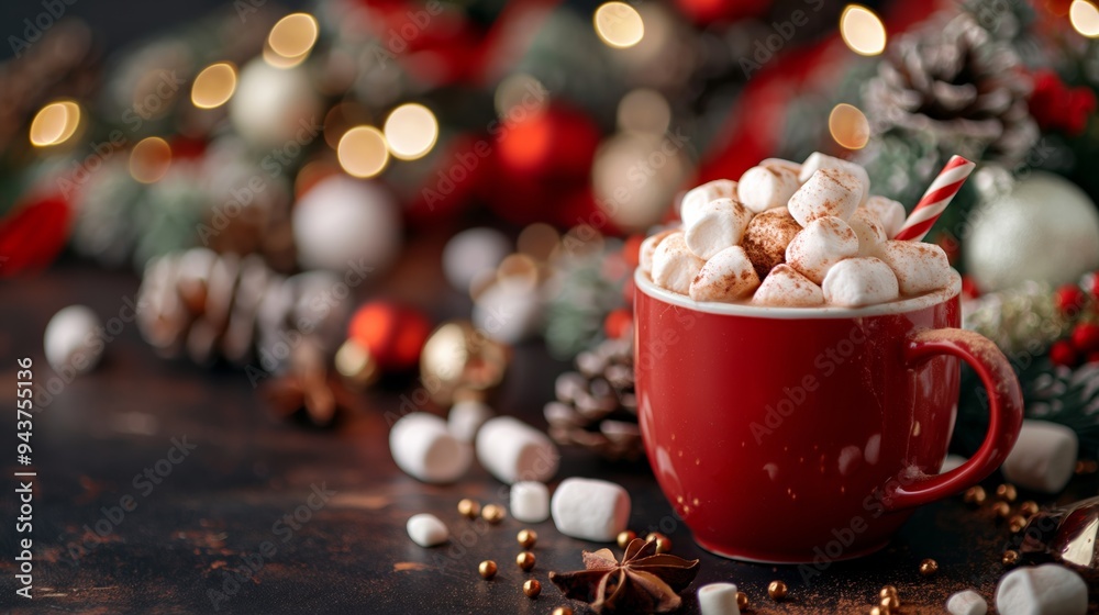 A red mug filled with marshmallows and a red straw. The mug is surrounded by Christmas decorations A red mug filled with marshmallows and a red straw. The mug is surrounded by Christmas decorations